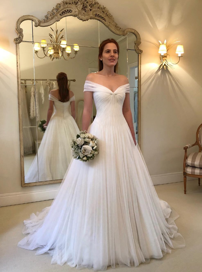 White Elegant A Line V Neck Pleated Tulle Long Wedding Dress