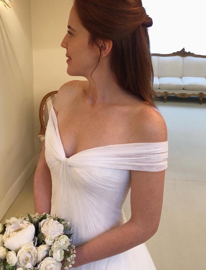 White Elegant A Line V Neck Pleated Tulle Long Wedding Dress