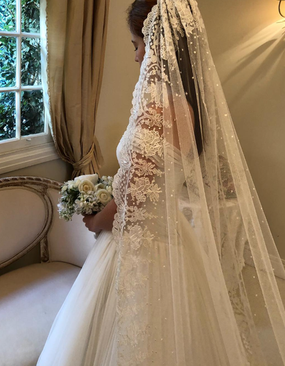 White Elegant A Line V Neck Pleated Tulle Long Wedding Dress