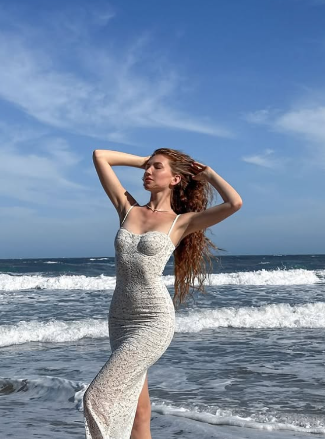 White Elegant Sheath Spaghetti Straps Lace Long Prom Dress Vacation Dress