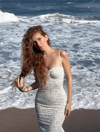 White Elegant Sheath Spaghetti Straps Lace Long Prom Dress Vacation Dress