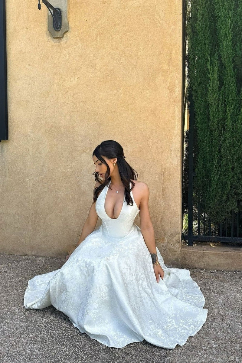 White Halter A-Line Jacquard Midi Prom Dress with Structured Corset Bodice