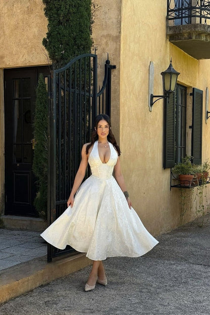 White Halter A-Line Jacquard Midi Prom Dress with Structured Corset Bodice