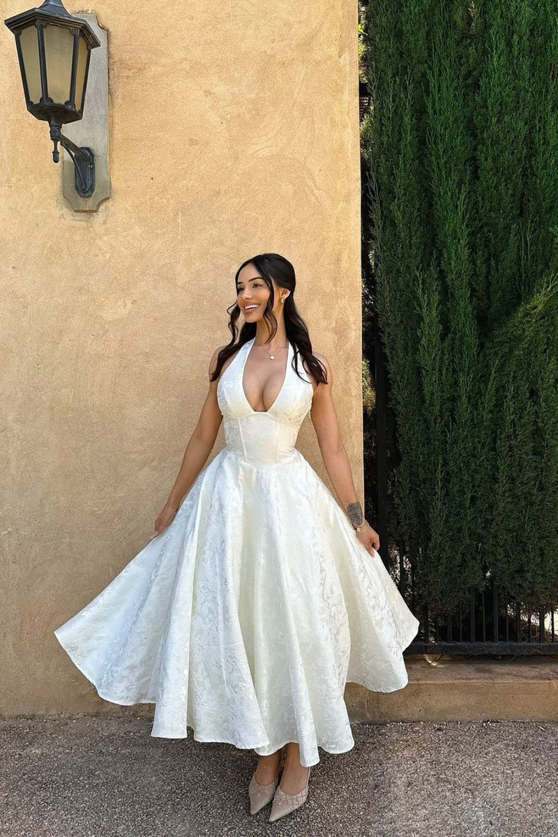 White Halter A-Line Jacquard Midi Prom Dress with Structured Corset Bodice