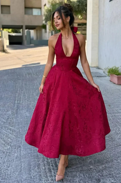 White Halter A-Line Jacquard Midi Prom Dress with Structured Corset Bodice