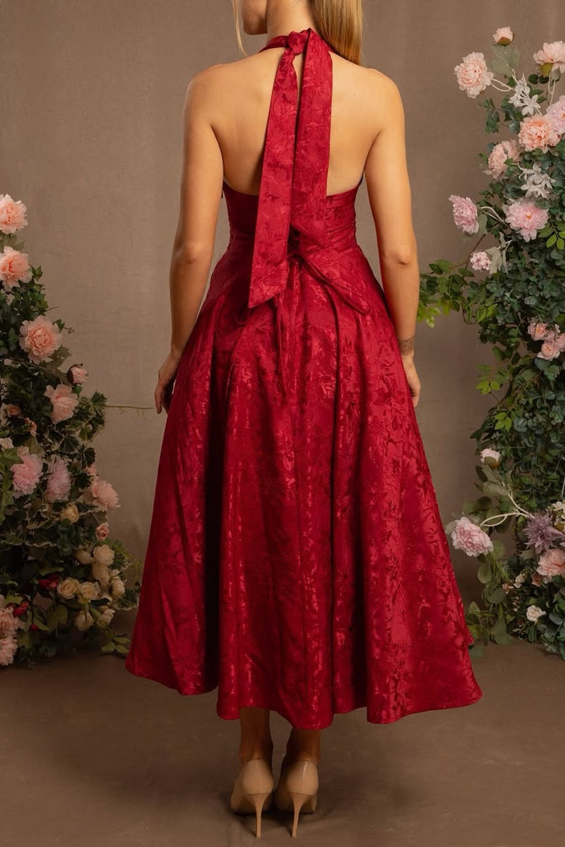 White Halter A-Line Jacquard Midi Prom Dress with Structured Corset Bodice