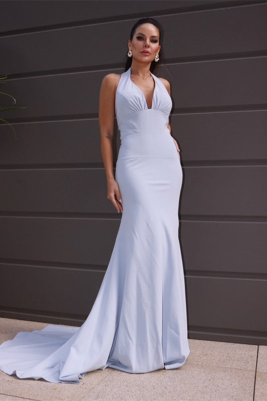 White Halter V Neck Mermaid Prom Dress Backless Sleeveless