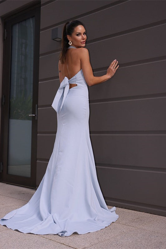 White Halter V Neck Mermaid Prom Dress Backless Sleeveless