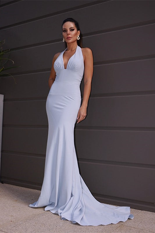 White Halter V Neck Mermaid Prom Dress Backless Sleeveless
