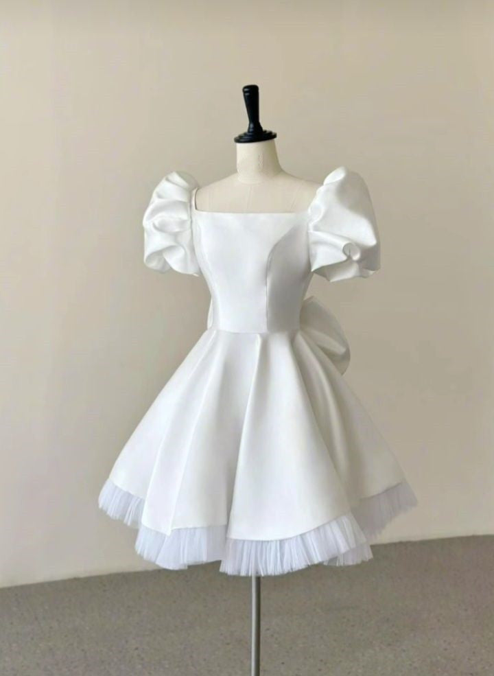 White Satin Homecoming Dress 2024 Puffy Short Sleeves