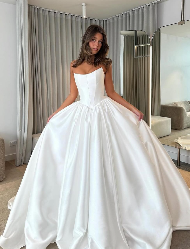 White Simple Classic A Line Strapless Satin Long Wedding Dress