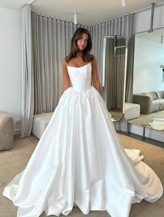 White Simple Classic A Line Strapless Satin Long Wedding Dress