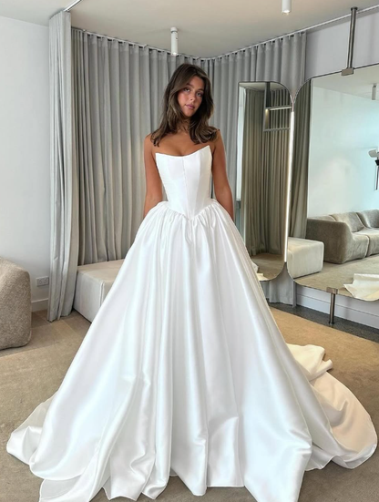 White Simple Classic A Line Strapless Satin Long Wedding Dress