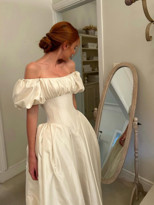 White Simple Elegant A Line Off the Shoulder Satin Long Wedding Dress