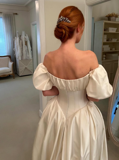 White Simple Elegant A Line Off the Shoulder Satin Long Wedding Dress