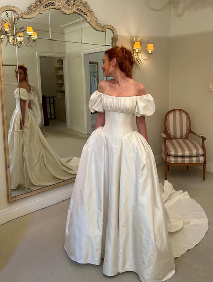 White Simple Elegant A Line Off the Shoulder Satin Long Wedding Dress