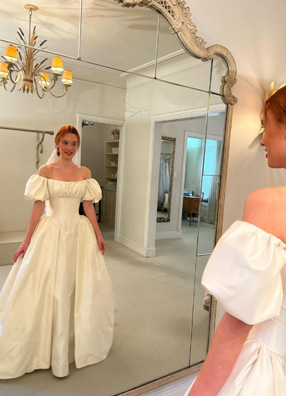 White Simple Elegant A Line Off the Shoulder Satin Long Wedding Dress