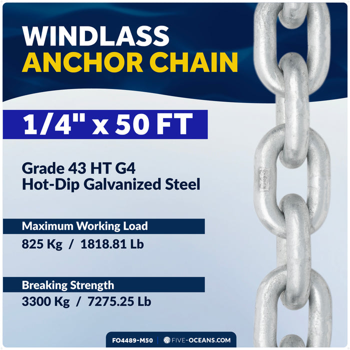 Windlass Anchor Chain 1/4" x 50' HT G4 - Galvanized Steel - FO4489-M50 - Five Oceans