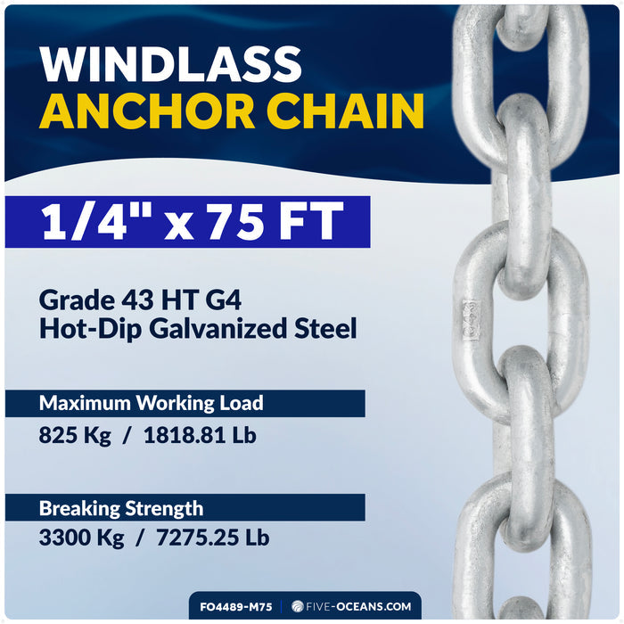 Windlass Anchor Chain 1/4" x 75' HT G4 - Galvanized Steel - FO4489-M75 - Five Oceans
