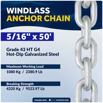 Windlass Anchor Chain 5/16" x 50' HT G4 - Galvanized Steel - FO4490-M50 - Five Oceans