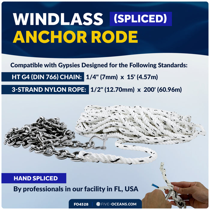 Windlass Anchor Rode, 1/2" x 200' Rope with 1/4" x 15' G4 Stainless Steel Chain - FO4528 - Five Oceans
