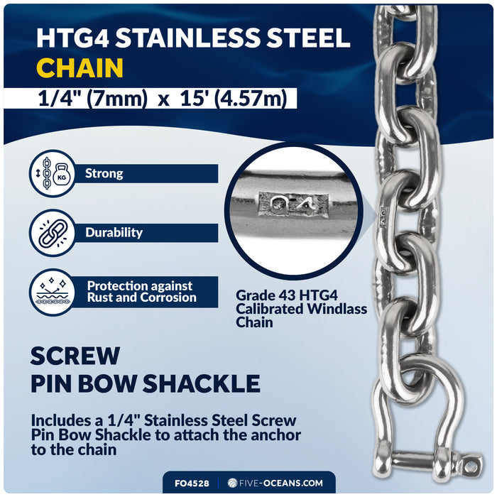 Windlass Anchor Rode, 1/2" x 200' Rope with 1/4" x 15' G4 Stainless Steel Chain - FO4528 - Five Oceans