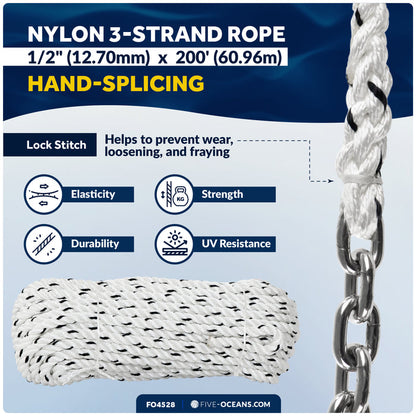 Windlass Anchor Rode, 1/2" x 200' Rope with 1/4" x 15' G4 Stainless Steel Chain - FO4528 - Five Oceans