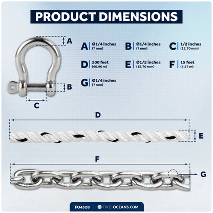 Windlass Anchor Rode, 1/2" x 200' Rope with 1/4" x 15' G4 Stainless Steel Chain - FO4528 - Five Oceans