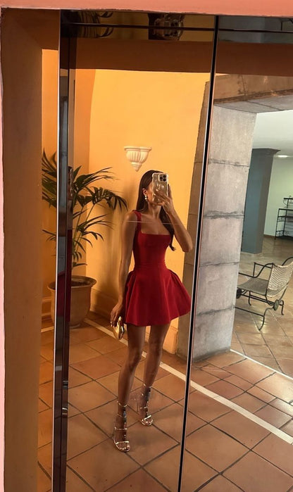 Wine red square neck mini dress sexy high waisted party dress Homecoming Dress