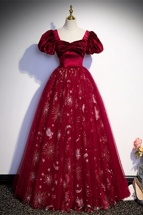 Wine Red Velvet and Tulle Short Sleeves Princess Dress
