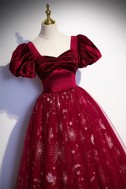 Wine Red Velvet and Tulle Short Sleeves Princess Dress