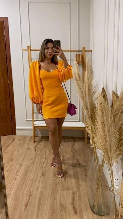 Women Fashion Elegant Orange dress Puff Sleeve Homecoming Dresses