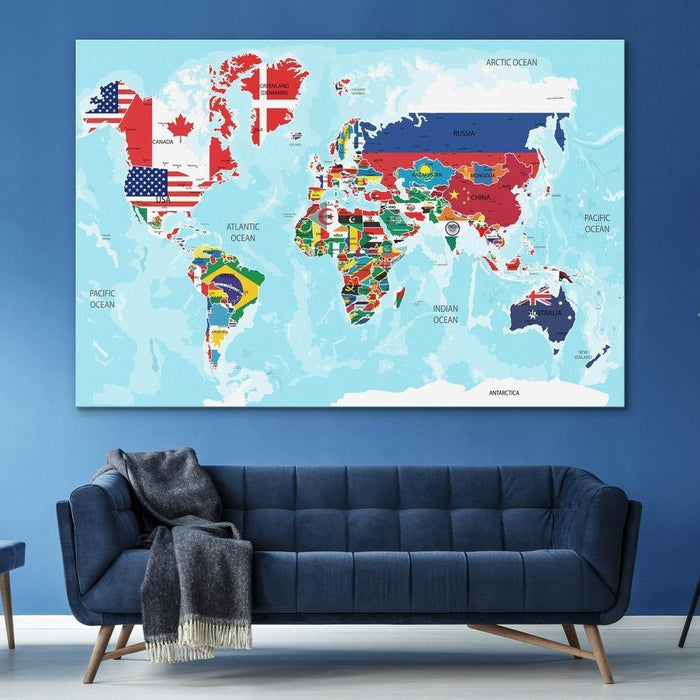 World Map Large Canvas With Countries - Living Room Wall Decor - SharpWallArts