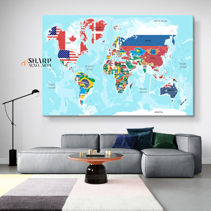 World Map Large Canvas With Countries - Living Room Wall Decor