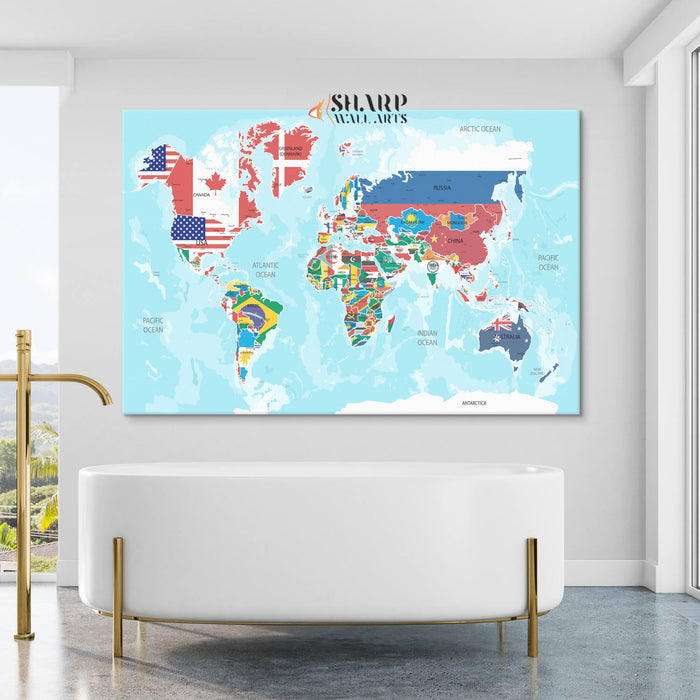 World Map Large Canvas With Countries - Living Room Wall Decor