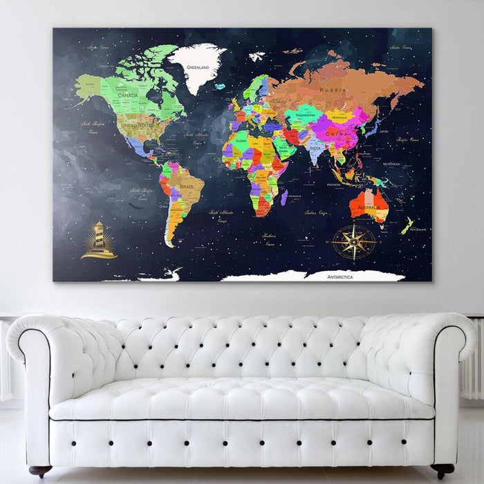 World Map Wall Art Navy - Living Room Wall Decor - SharpWallArts