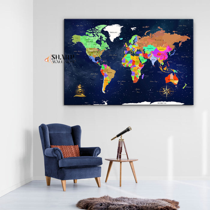 World Map Wall Art Navy - Living Room Wall Decor