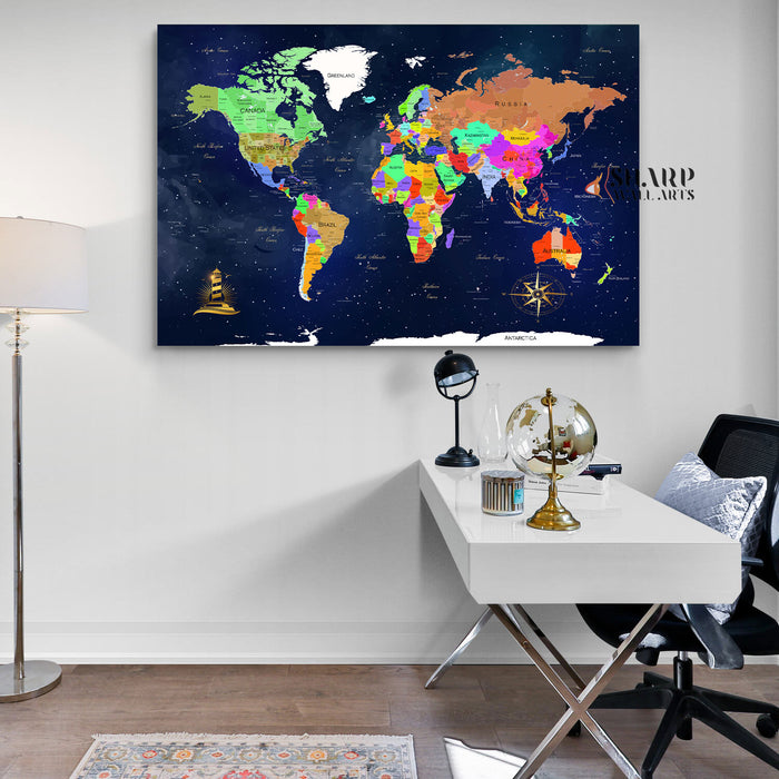World Map Wall Art Navy - Living Room Wall Decor