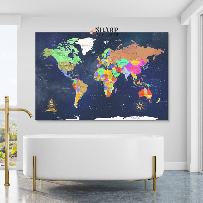 World Map Wall Art Navy - Living Room Wall Decor