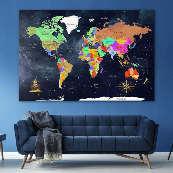 World Map Wall Art Navy - Living Room Wall Decor - SharpWallArts
