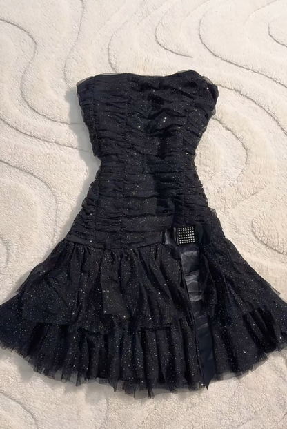 Y2K Black Strapless A-Line Glitter Tulle Short Prom Dress Homecoming Dresses