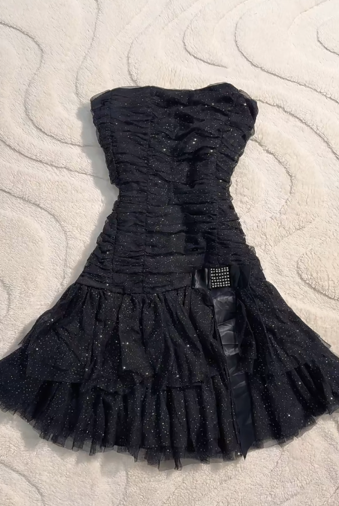 Y2K Black Strapless A-Line Glitter Tulle Short Prom Dress Homecoming Dresses