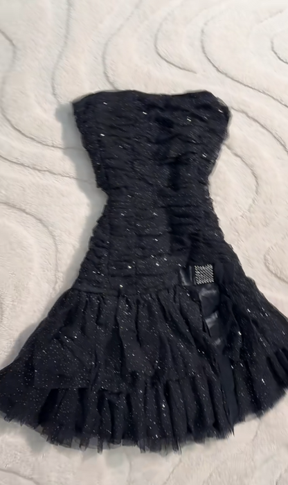 Y2K Black Strapless A-Line Glitter Tulle Short Prom Dress Homecoming Dresses