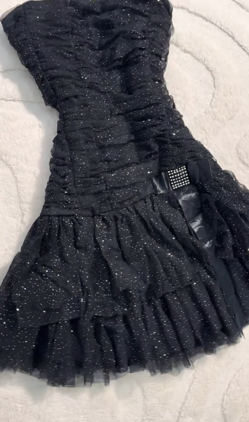 Y2K Black Strapless A-Line Glitter Tulle Short Prom Dress Homecoming Dresses