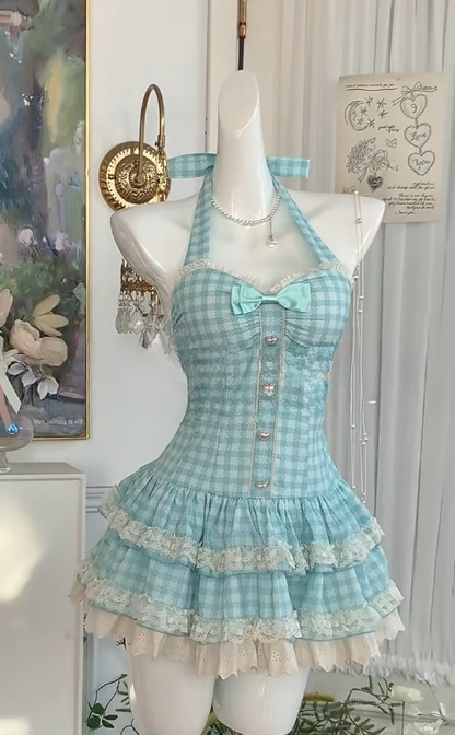 Y2K Blue Plaid Halter A-Line Short Dress Outdoor Party Outfit