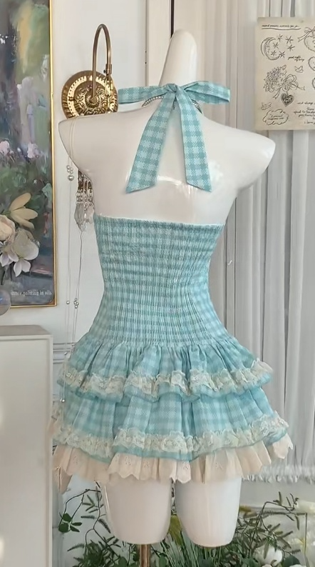 Y2K Blue Plaid Halter A-Line Short Dress Outdoor Party Outfit