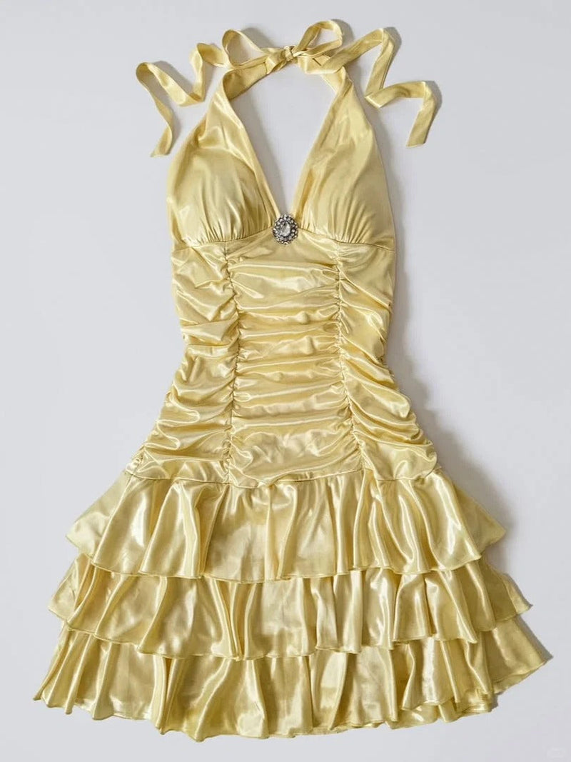 Y2K Halter Yellow A-Line Satin Short Party Dress