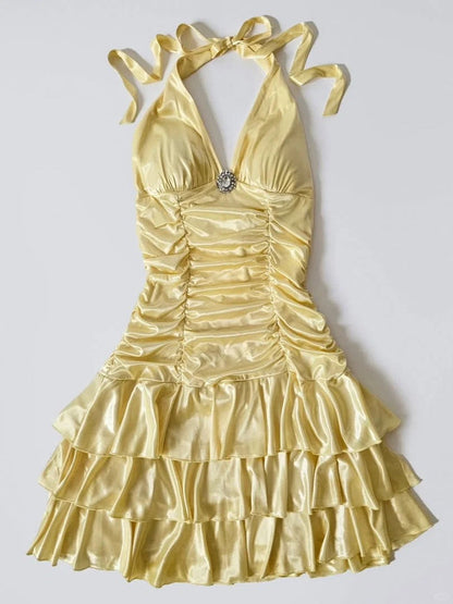 Y2K Halter Yellow A-Line Satin Short Party Dress