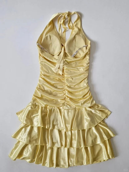 Y2K Halter Yellow A-Line Satin Short Party Dress