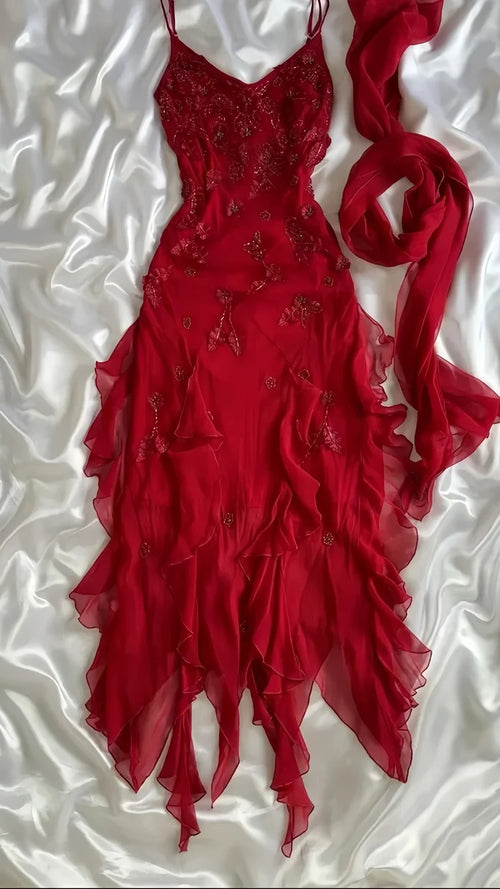Y2k Retro Chiffon Floral Red Prom Dresses Elegant Dance Party Dress,AST2313
